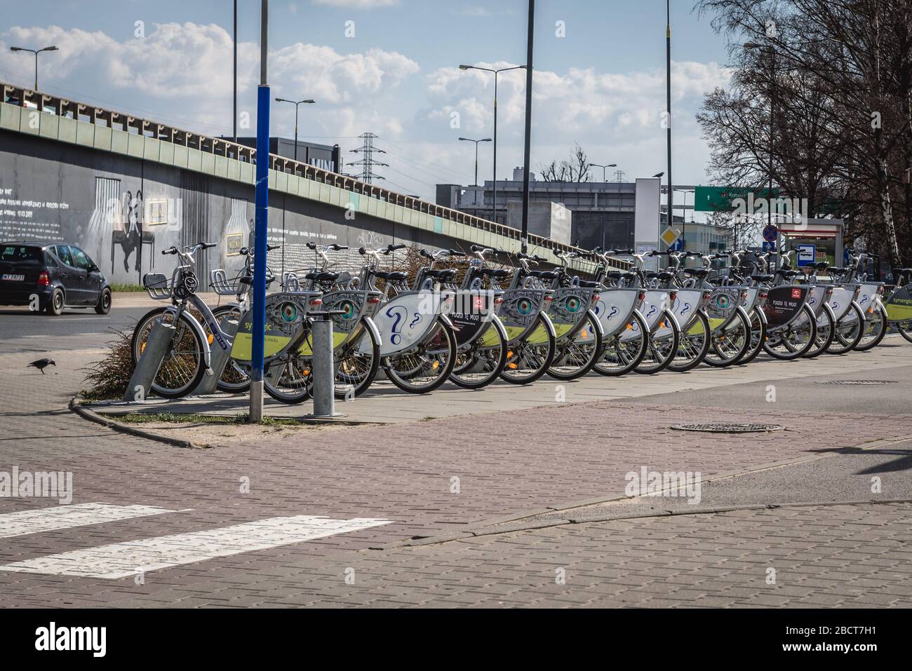 State of epidemic in Warsaw, Poland - bikes at a closed rental station of Veturilo share system, all station was closed due to Coronavirus Stock Photo