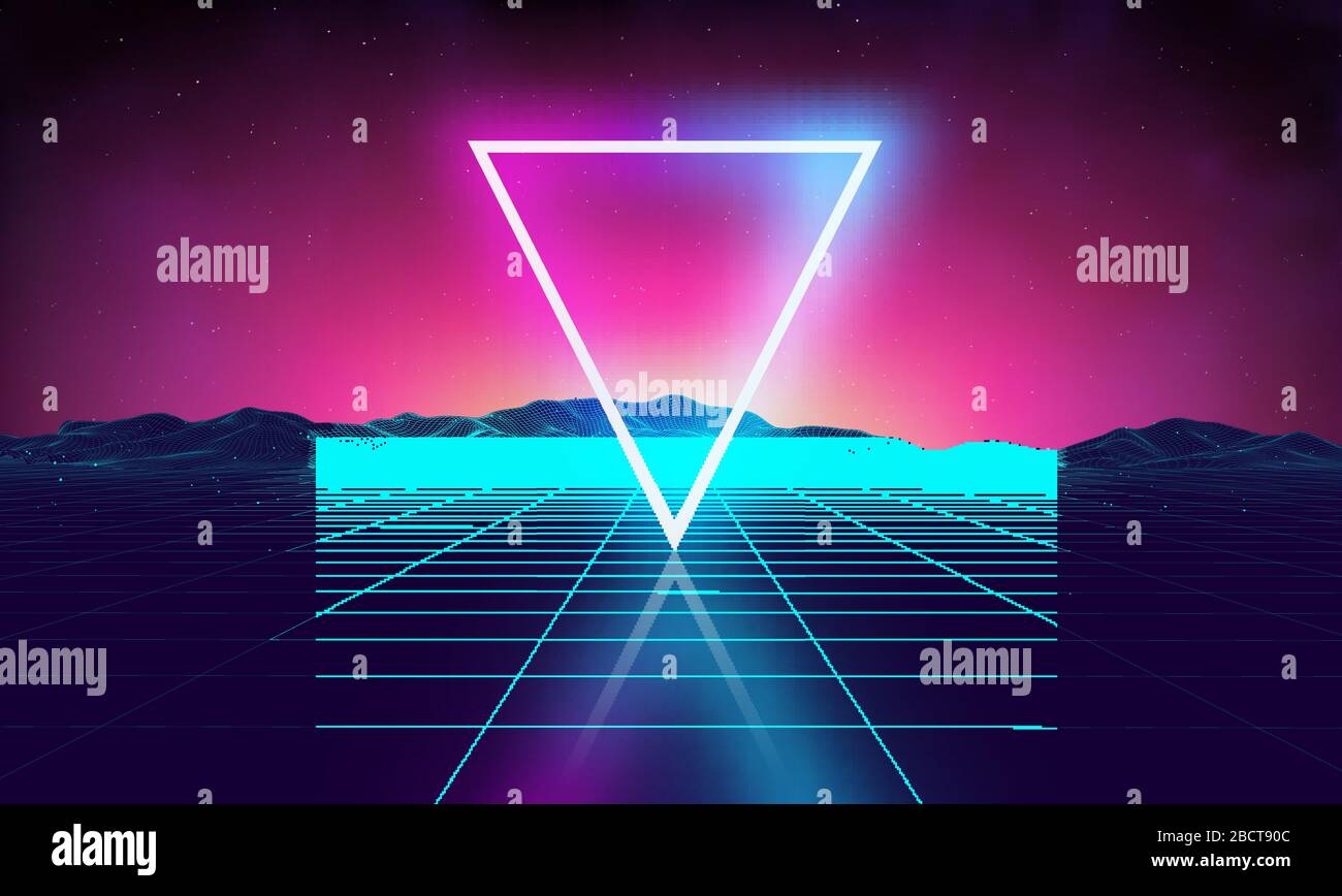 Retro futuristic background for game. Music 3d dance galaxy poster. 80s background disco. Neon triangle synthwave digital wireframe landscape with Stock Vector