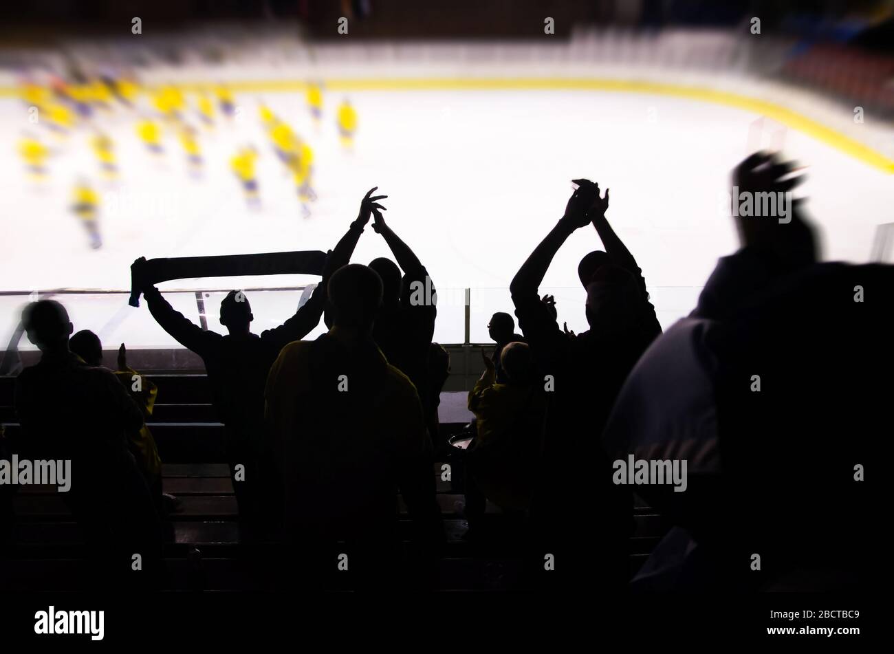 Hockey fan standing and applause on the stadium in after goal sport