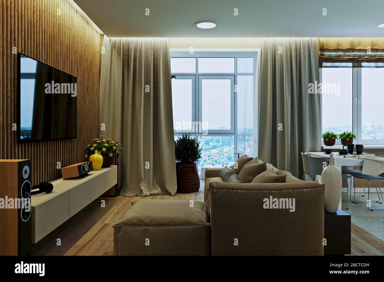 living room with kitchen and dining room Stock Photo - Alamy