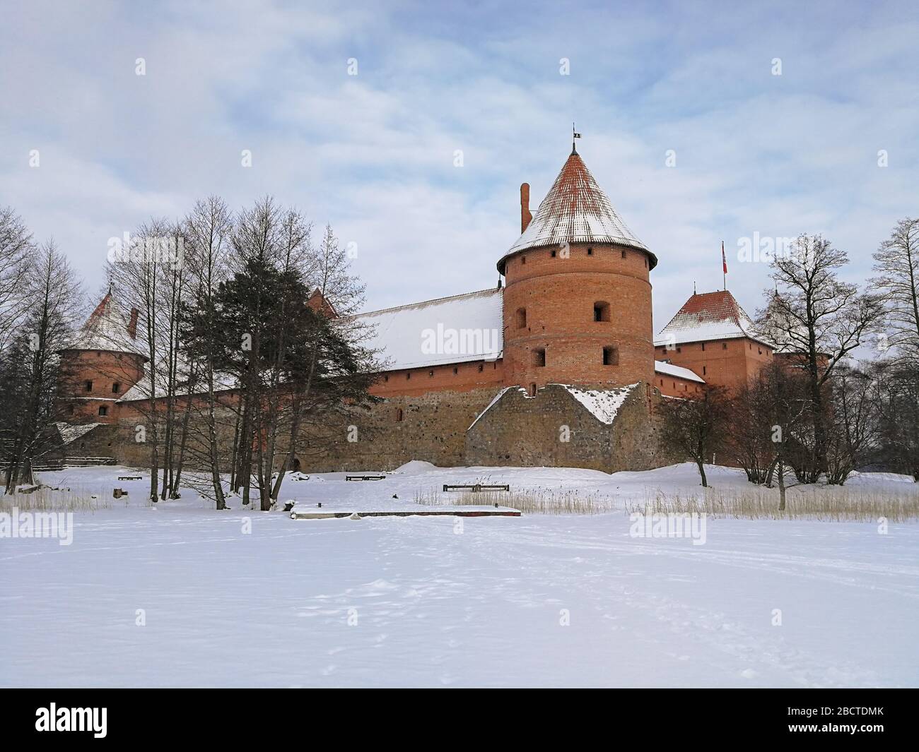 Snowed Trakai island castle winter time in Trakai town, Lithuania Stock