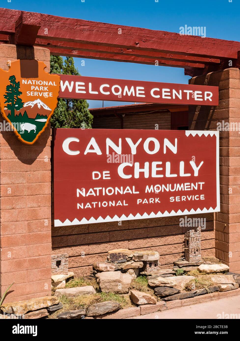 Canyon de Chelly National Monument sign at Welcome Center, Chinle, Arizona, USA. Stock Photo