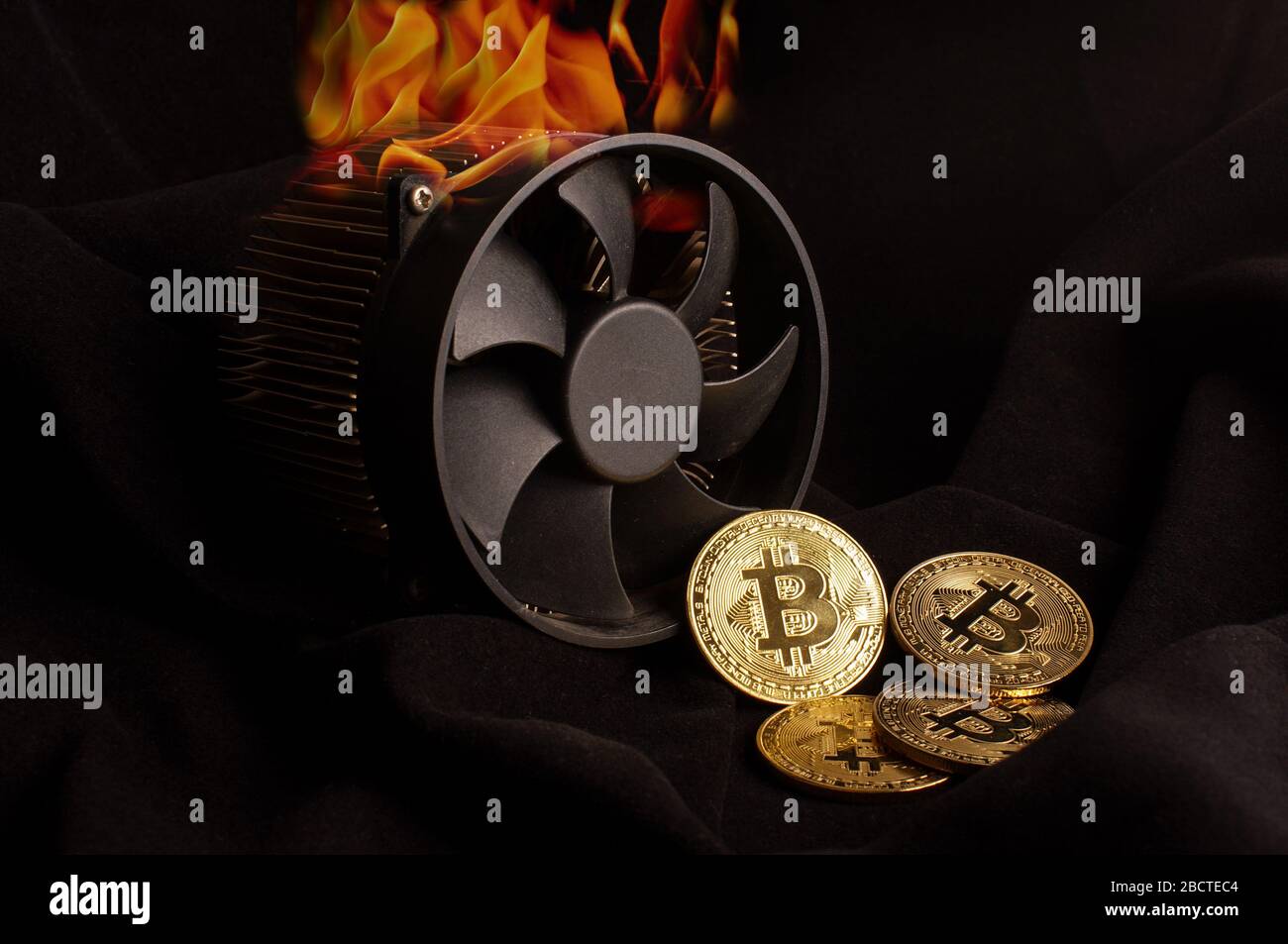 Bitcoin mining produce heat that is shown as a fire flames Stock Photo