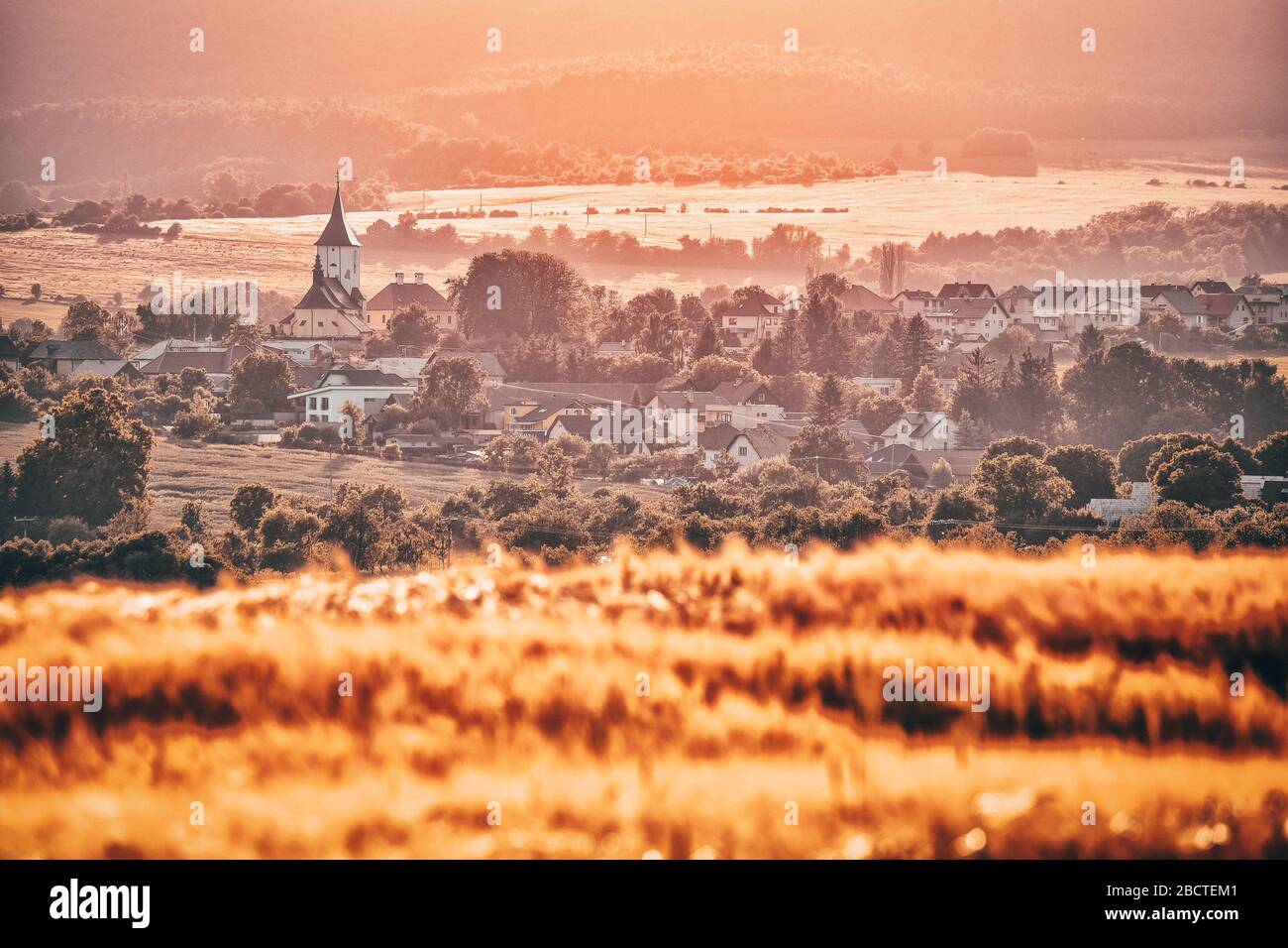 Morning nature with golden wheat and vivid background. In the background is church, village and hills covered by clouds. Nice spring wallpaper Stock Photo