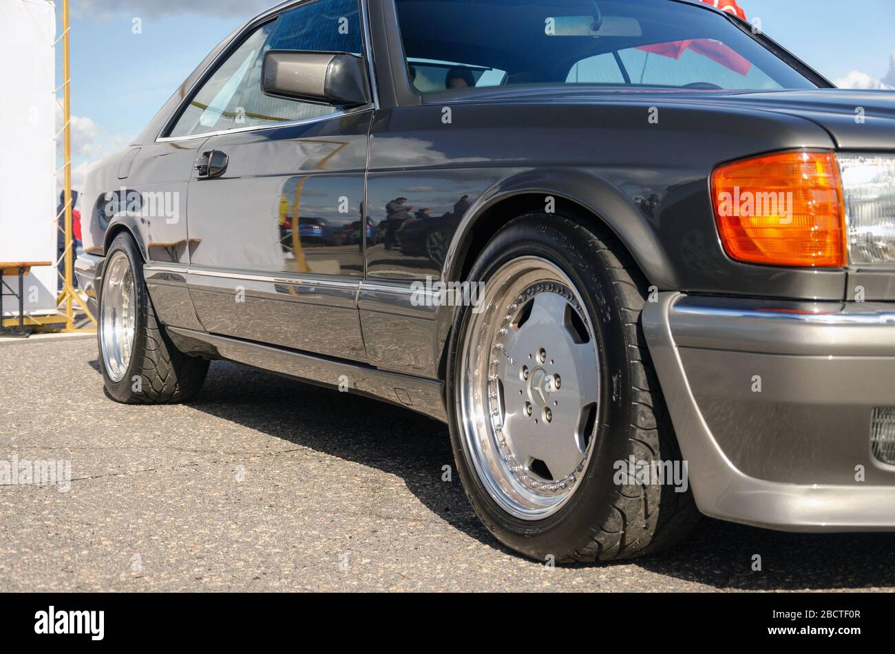 SUMY, UKRAINE - SEPTEMBER 21, 2019. Mercedes-Benz 560 SEC W126. AMG bumpers and sills. AMG wheels. S-class. Refurbished coupe in perfect condition Stock Photo