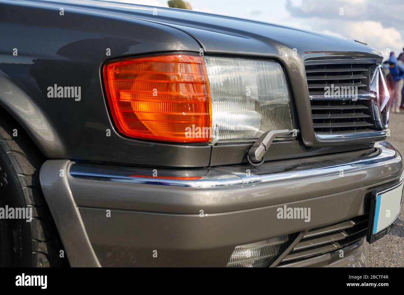 SUMY, UKRAINE - SEPTEMBER 21, 2019. Symbol of the Mercedes Benz. W126. 560 SEC. s-class coupe. oldtimer. Concept of a restored Mercedes Stock Photo