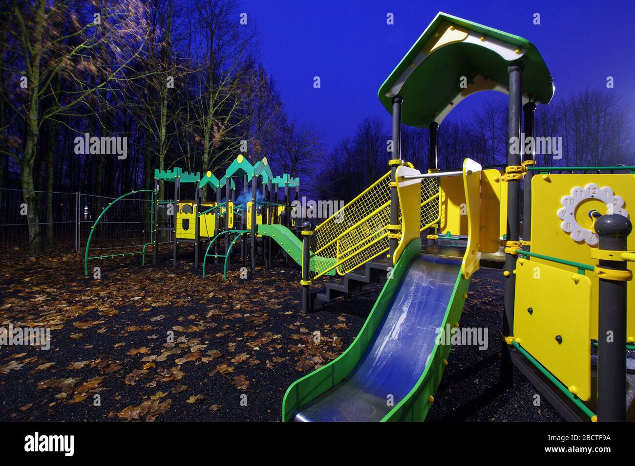 Night view of children playground equipment in Kaunas, Lithuania Stock Photo