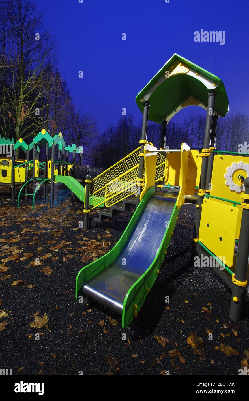 Night view of children playground equipment in Kaunas, Lithuania Stock Photo