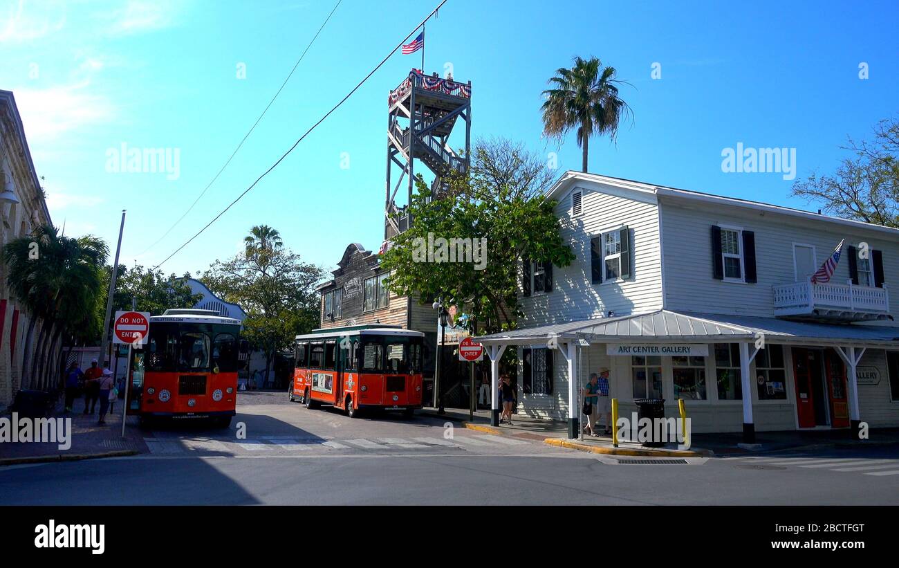 Trolley Buses in Key West - KEY WEST, USA - APRIL 12, 2016 Stock Photo