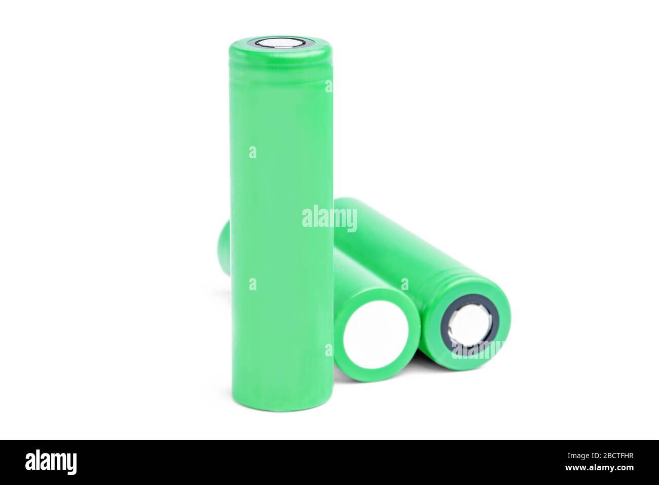 Three rechargeable batteries on a white background isolated. 18650 green batteries. device