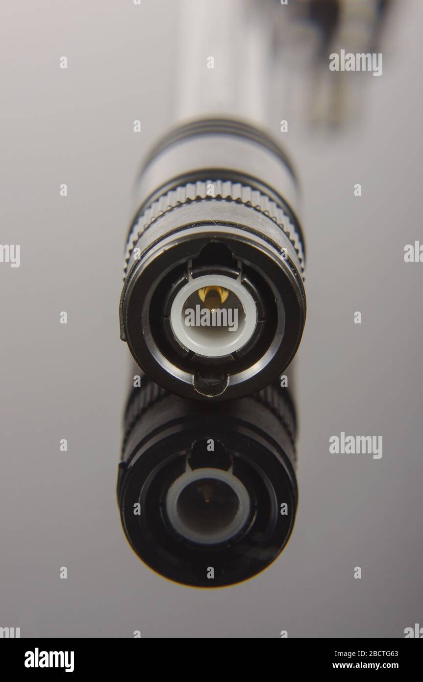 Black BNC type connector for radio frequency applications close up