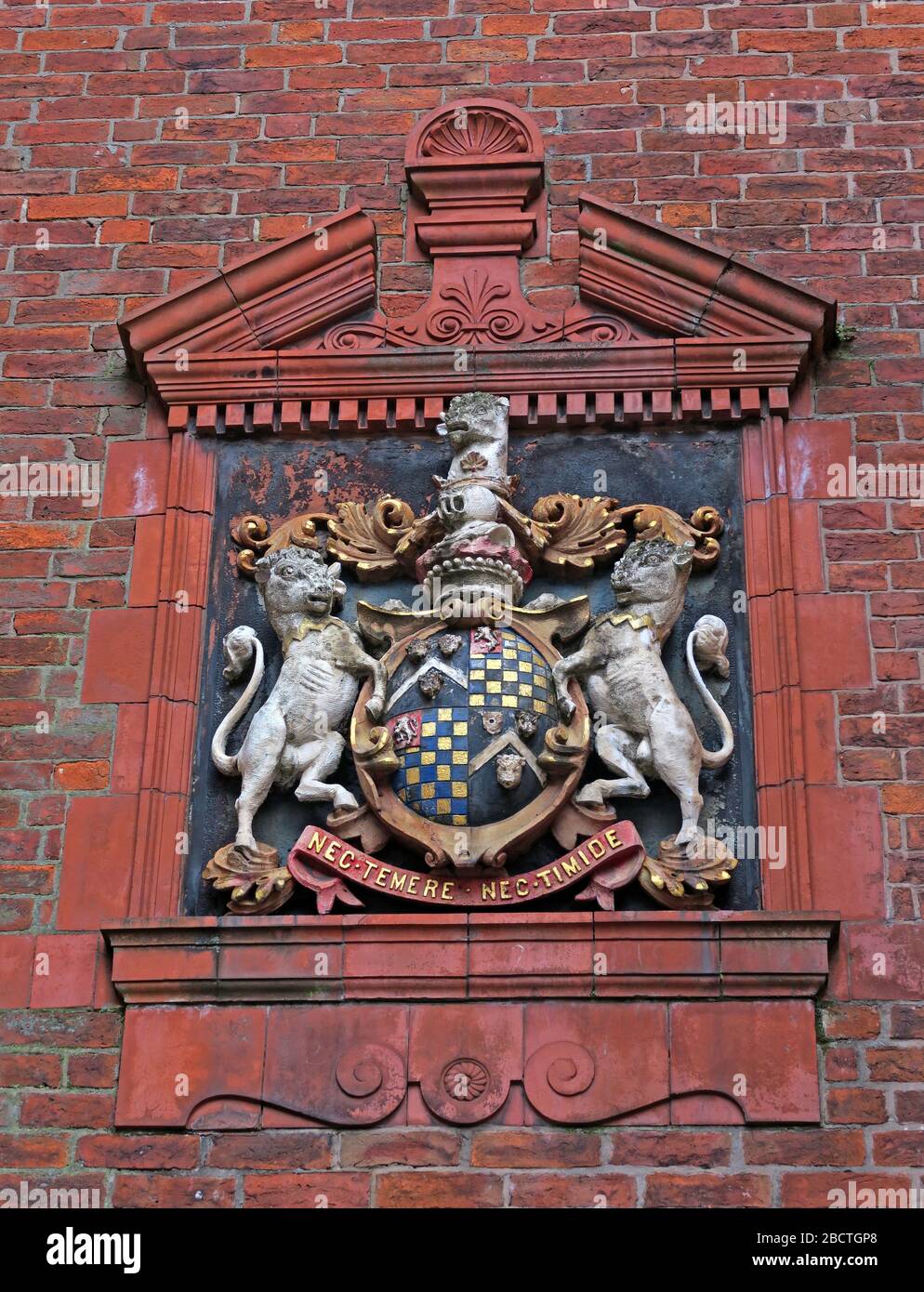 Nec Temere Nec Timide, Crest outside Laura Ashley store, 2 Warren St, Stockport,Greater Manchester,Cheshire, England,UK, SK1 1UD Stock Photo