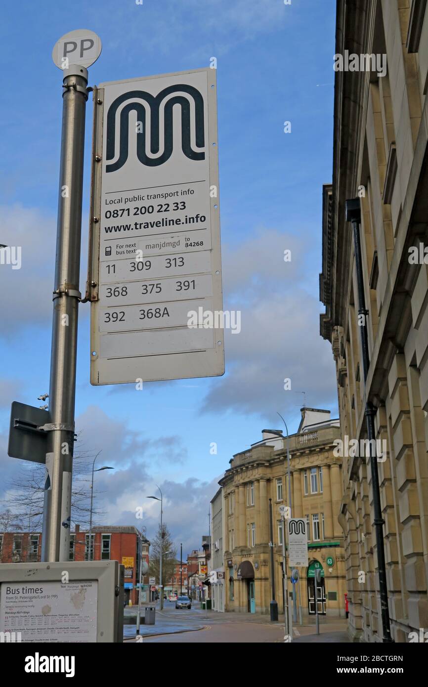 Public Transport in Stockport, Bus Stop, TfGM, Petersgate / Lord St , Town Centre, Greater Manchester, Cheshire, England, UK, SK1 1EB Stock Photo