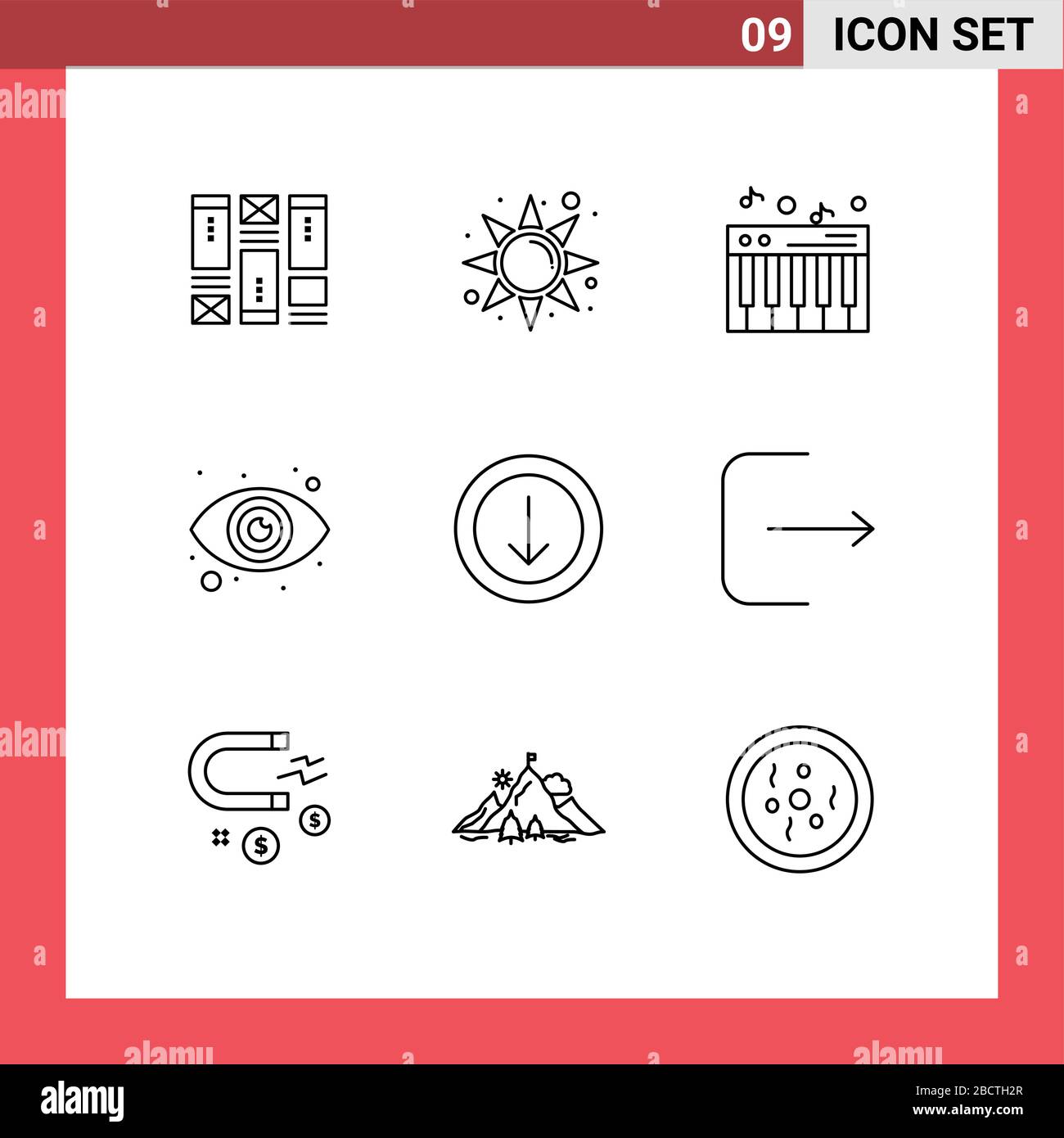 Group of 9 Modern Outlines Set for multimedia, download, piano, down, view Editable Vector Design Elements Stock Vector