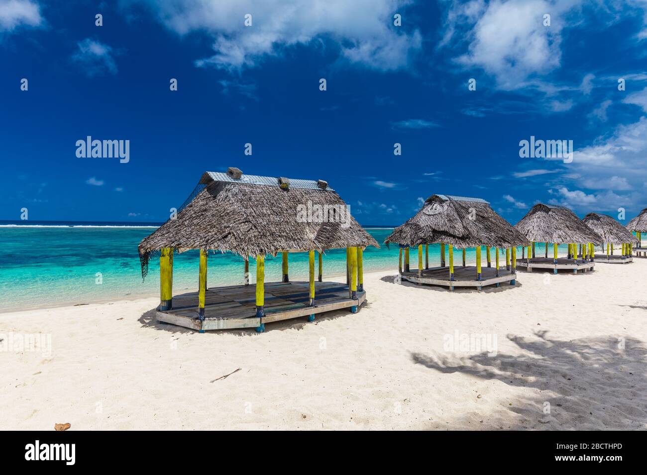 Lalomanu beach with open huts called fales, south side of Upolu Island