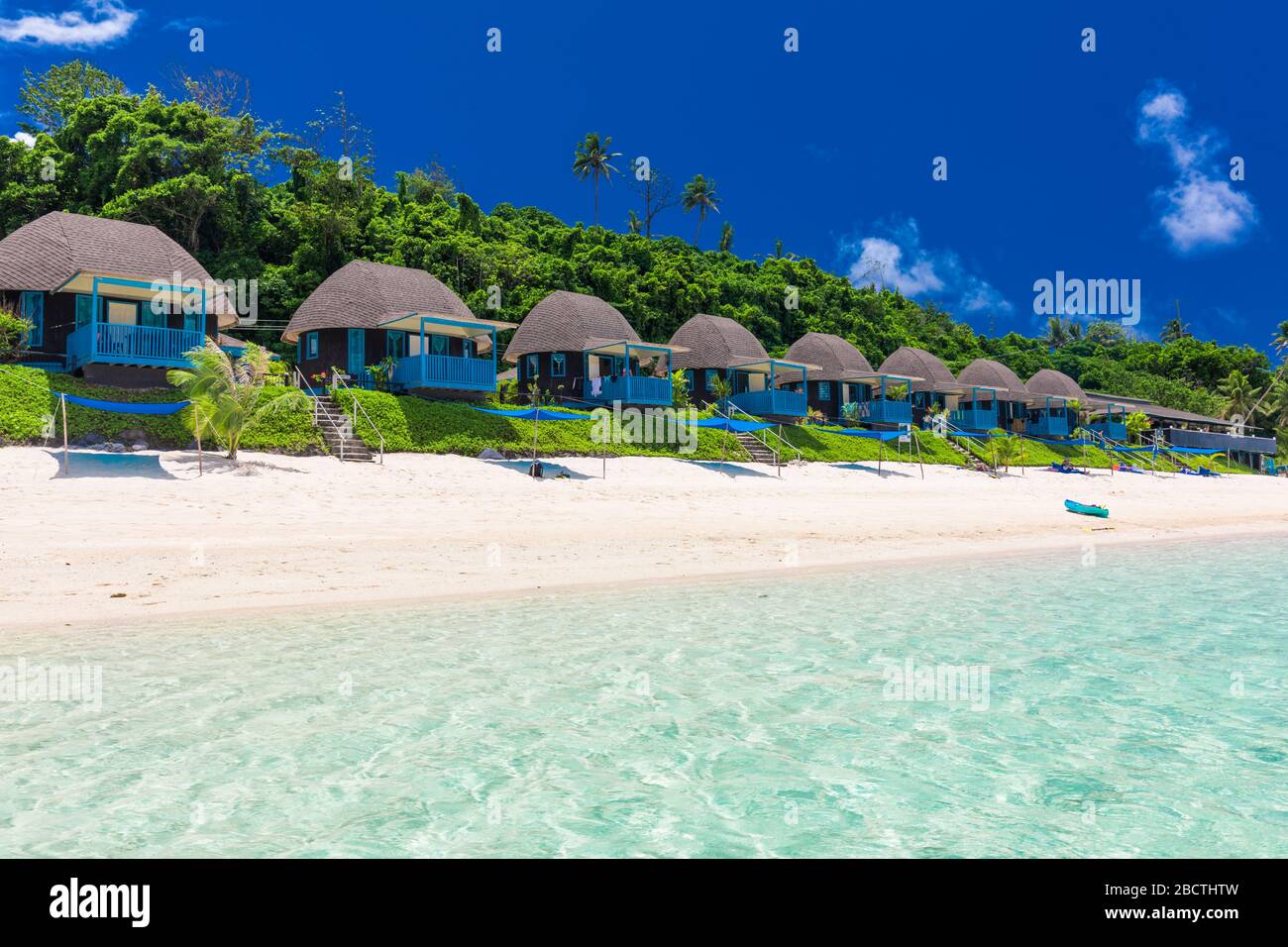 Lalomanu beach with open huts called fales, south side of Upolu Island