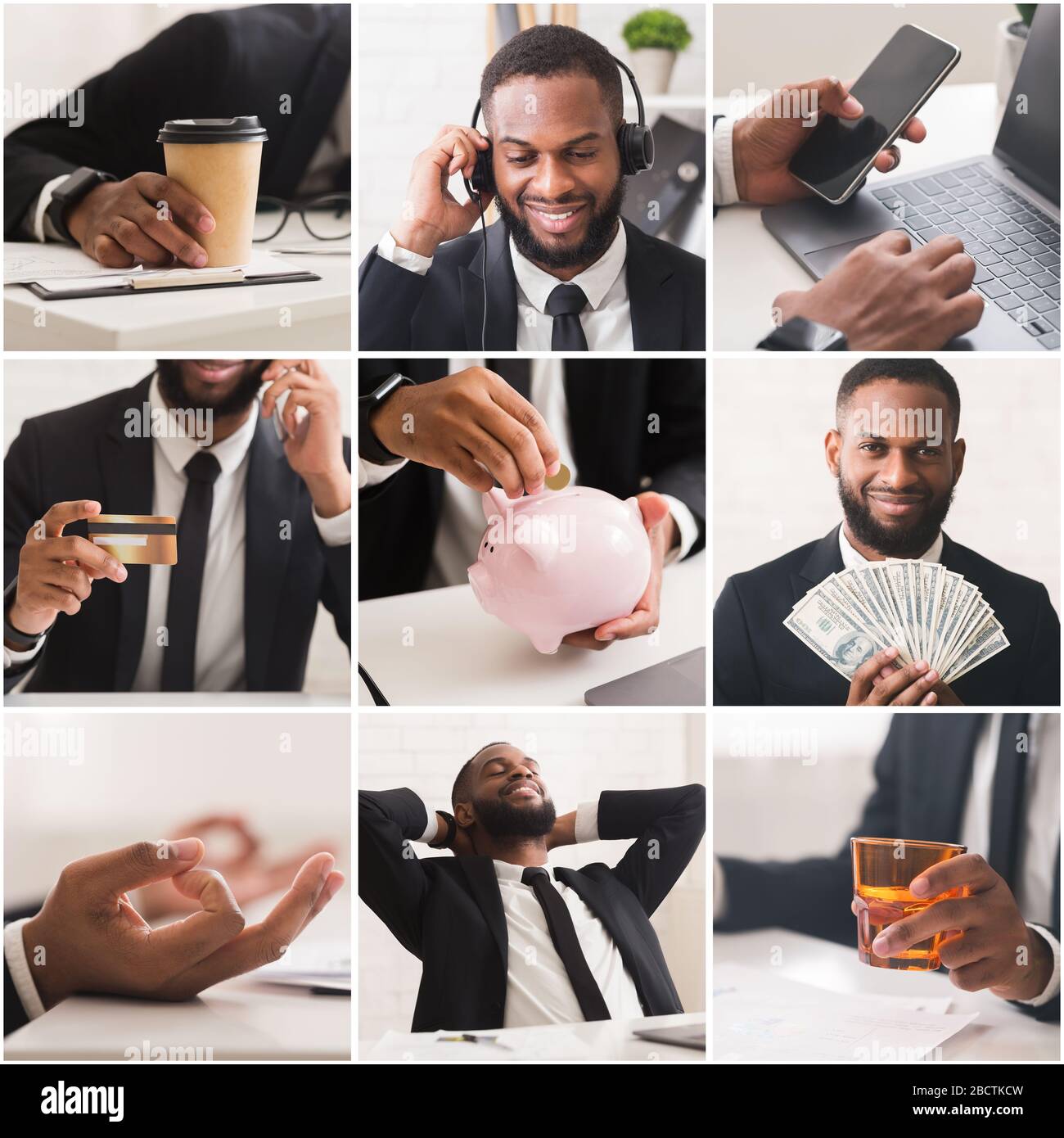 Collage of handsome black businessman in office in different working situations Stock Photo