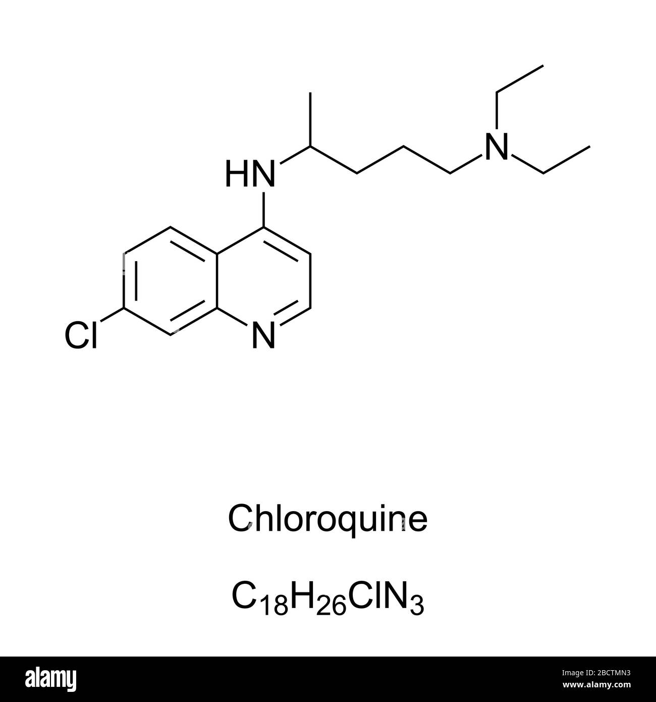 Chloroquine skeletal formula and molecular structure. Medication primarily used to prevent and treat malaria. Also being studied to treat COVID-19. Stock Photo