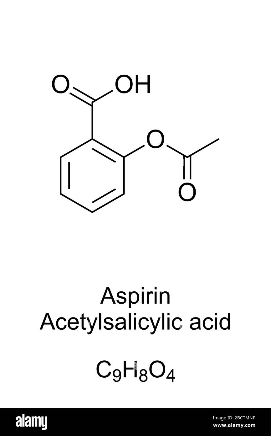 Aspirin, formula and molecular structure. Acetylsalicylic acid, ASA. Medication used to reduce pain, fever or inflammation. English. Illustration. Stock Photo