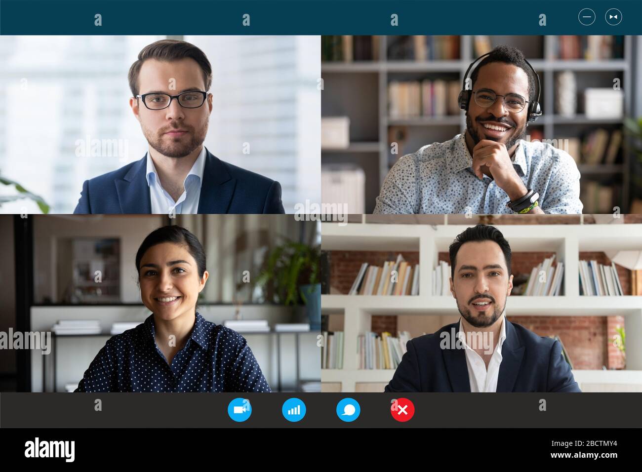 Multiracial participants of videoconference online meeting computer webcam screen view Stock Photo