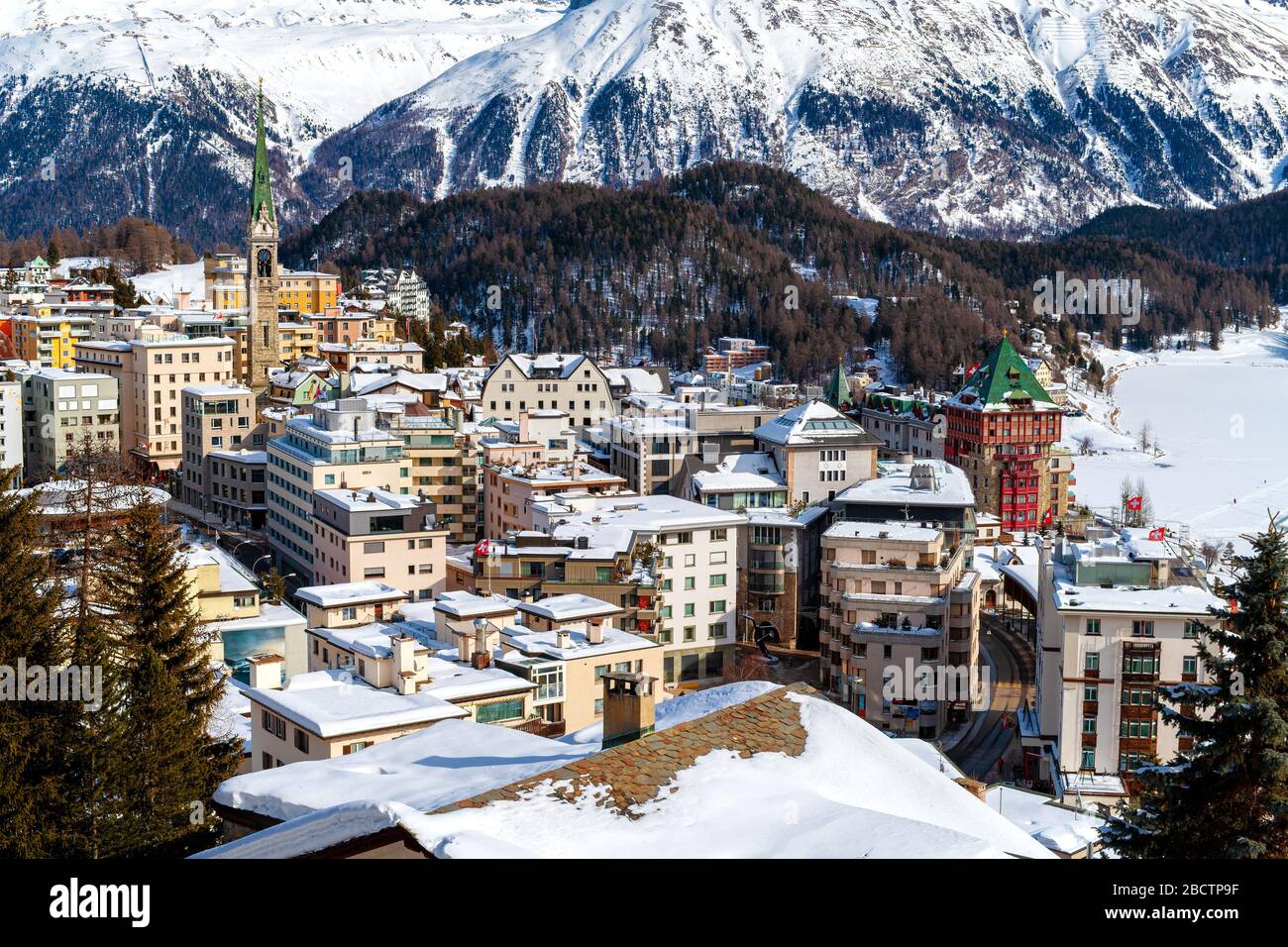 Townscape of the Tourist Destination St. Moritz (Switzerland) in the Swiss Alps Stock Photo
