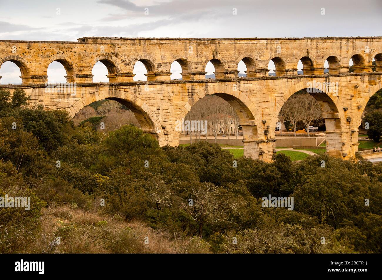 Pont du Gard ancient Roman aqueduct built in the first century AD to carry water to Nîmes, France is now an impressive World Heritage Site. Stock Photo