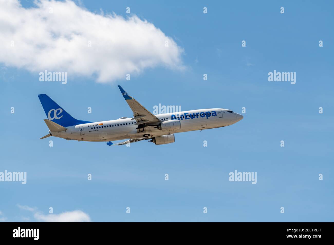 MADRID, SPAIN - APRIL 14, 2019: Air Europa airlines Boeing 737 NG / Max passenger plane taking off from Madrid-Barajas International Airport Adolfo Su Stock Photo