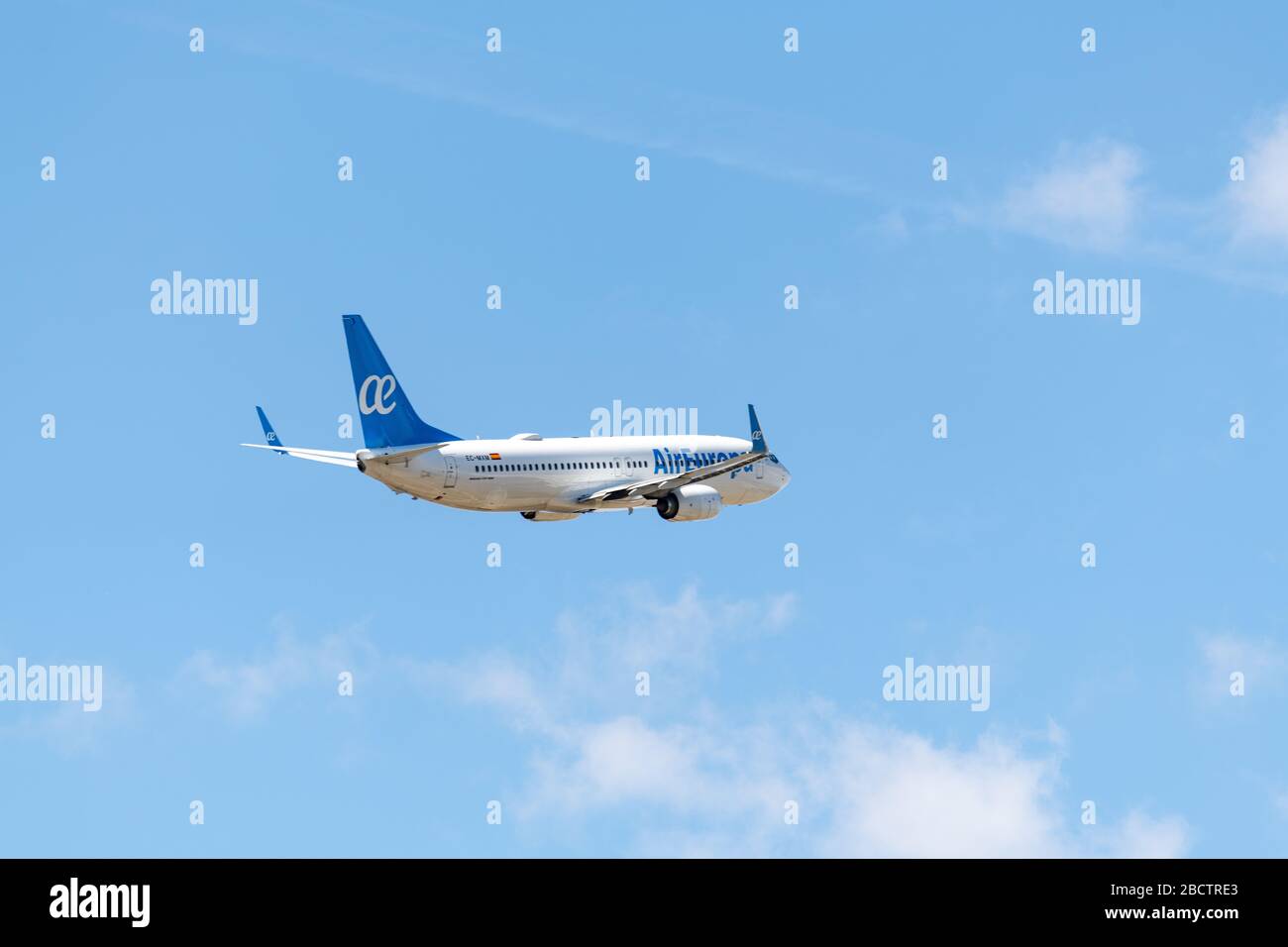 MADRID, SPAIN - APRIL 14, 2019: Air Europa airlines Boeing 737 NG / Max passenger plane taking off from Madrid-Barajas International Airport Adolfo Su Stock Photo