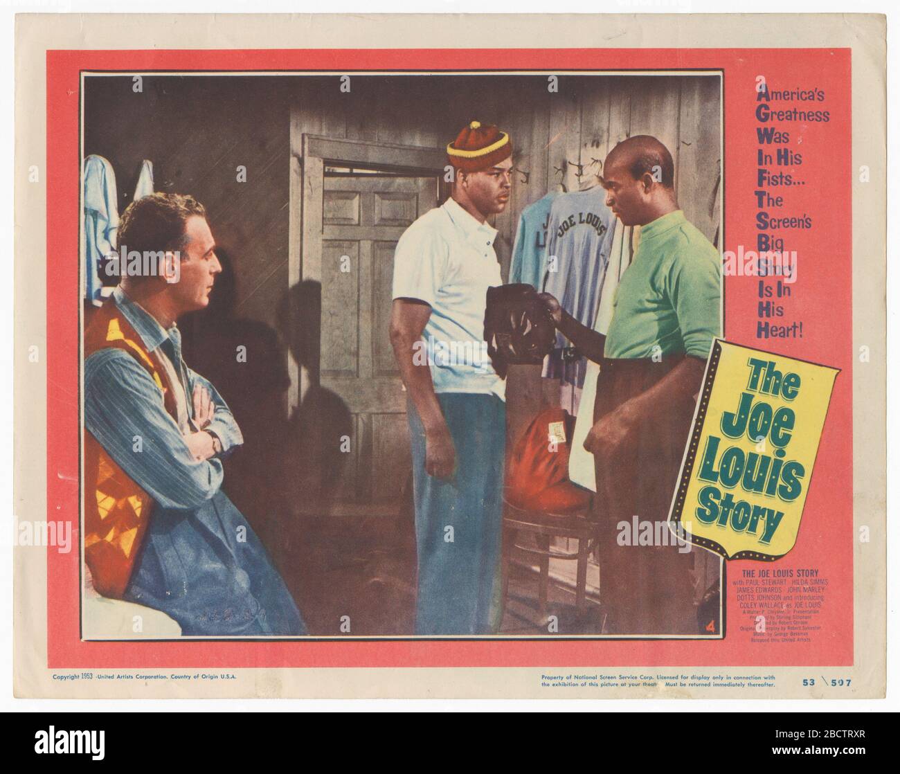 Lobby card for The Joe Louis Story. Color lobby card from the 1953 film “The Joe Louis Story,' The card features a scene between Coley Wallace, Paul Stewart, and James Edwards. The poster is copyrighted 1953 by United Artists Corporation and was distributed by the National Screen Service. Lobby card for The Joe Louis Story Stock Photo