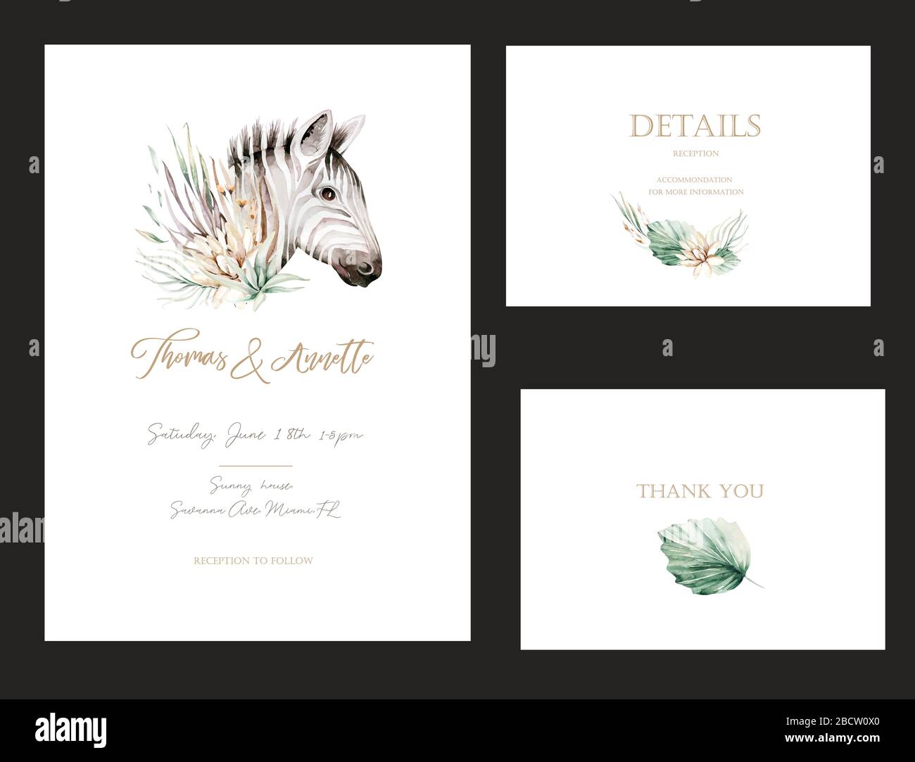 Vector set of invitation cards with watercolor flower savannah and gold elements. Wedding bouquet collection Stock Vector