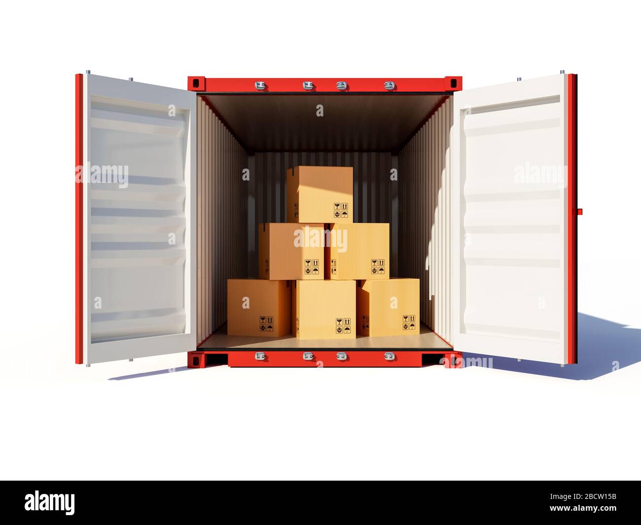 Opened cargo container with cardboards. 3d rendering illustration Stock Photo