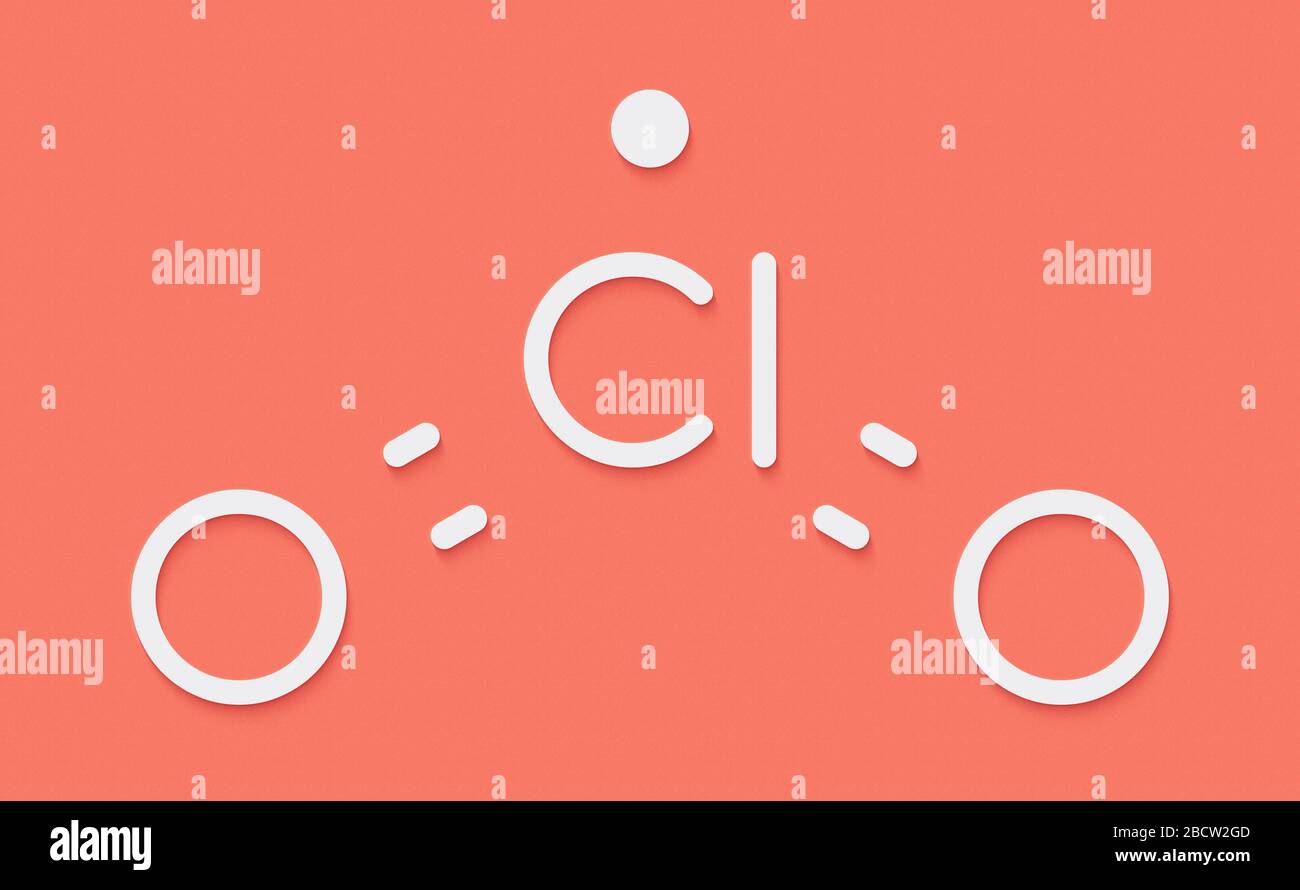 Chlorine dioxide (ClO2) molecule. Used in pulp bleaching and for