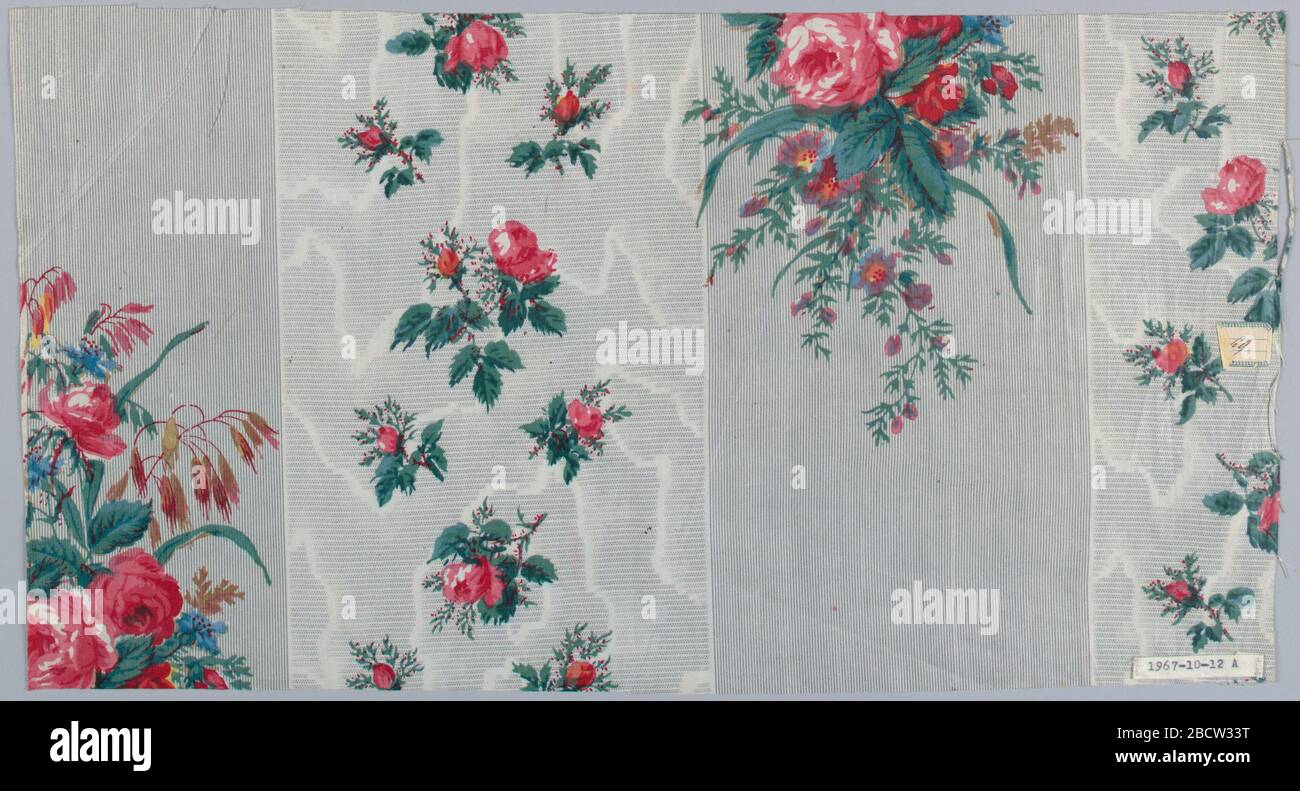 Textile. Research in ProgressThree pieces, same ground design but different floral patterns. Ground printed , probably by Molette, in two wide stripes in grey, one in very narrow pin stripe, one in horizontal bars of minute dots with moire effect in white. Textile Stock Photo