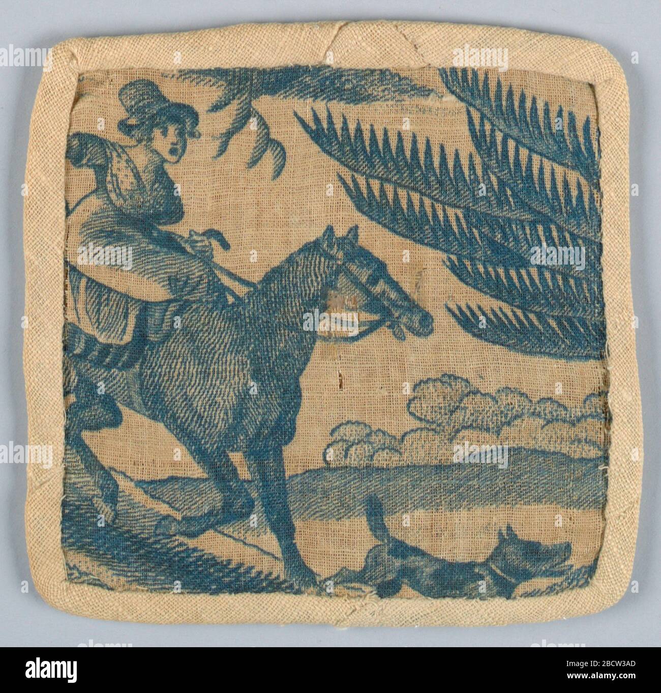 Fragment. Research in ProgressPortion of a larger pattern, showing a woman riding downhill from the left on horseback, with a dog riding ahead. Fragment Stock Photo