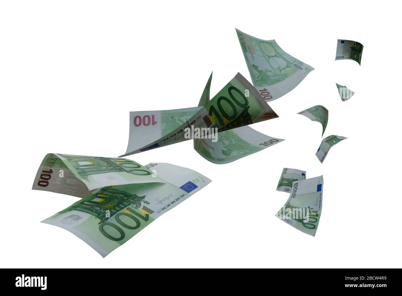 Large Number of Flying 100 Euro Banknotes in the Air Falling. High Detail image on white background Stock Photo