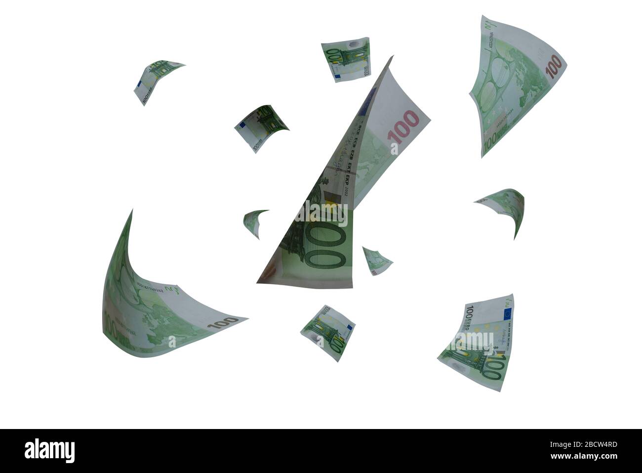 Large Number of Flying 100 Euro Banknotes in the Air Falling. High Detail image on white background Stock Photo