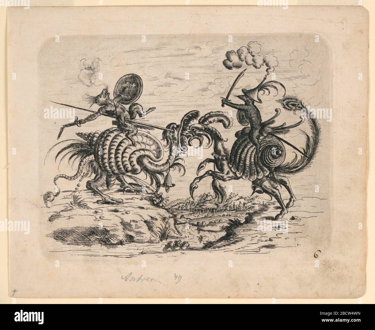 Plate 6 from New Grotteken Buch New Grotesque Book. Research in ProgressTwo rat-like beasts, mounted on fantastic snail-shaped horses, joust. A wooded landscape in background. Plate 6 from New Grotteken Buch New Grotesque Book Stock Photo