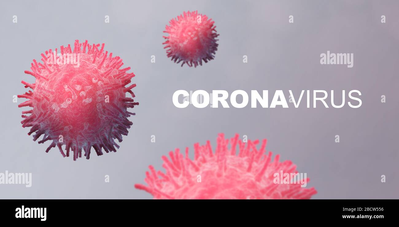 Pandemic danger. Microscopic view of contagious disease cells and word CORONAVIRUS on grey background Stock Photo