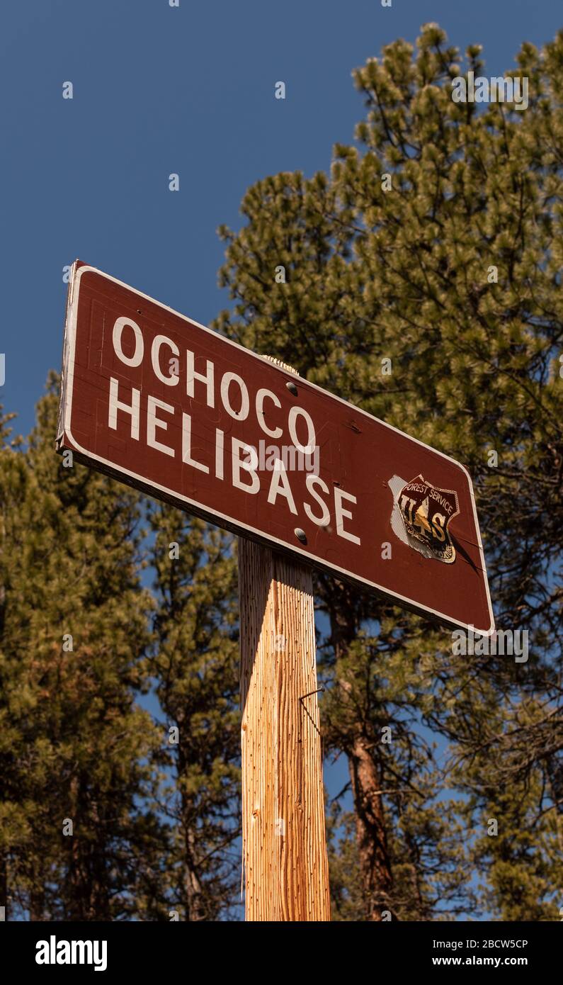 Rural Forest Service Helibase sign. Stock Photo