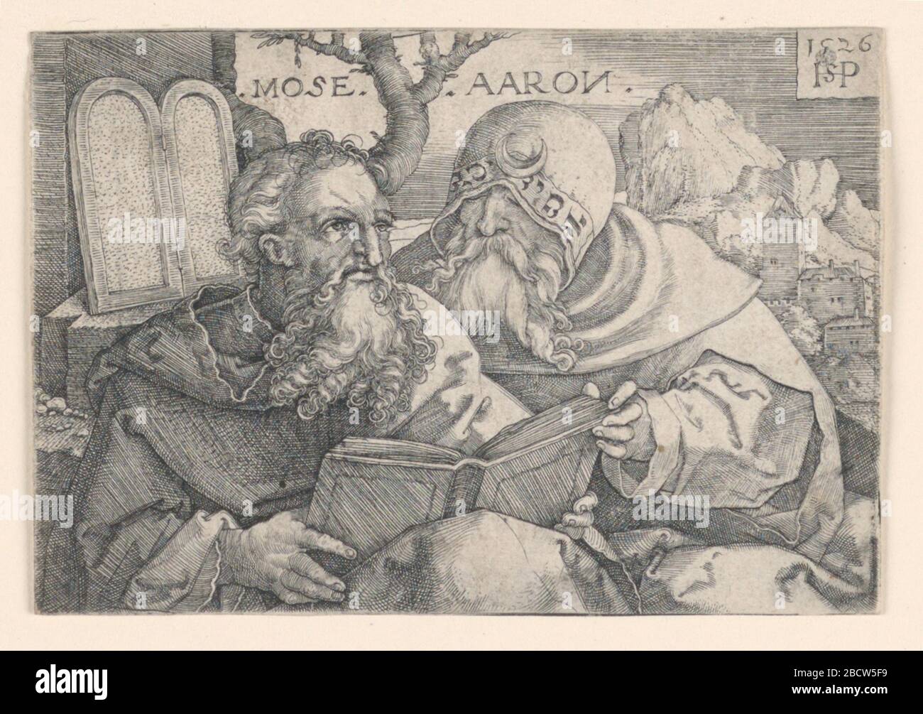 Moses and Aaron. Research in ProgressFigures of Moses, at left, and Aaron, at right, are represented reading a book which they hold together. Both are shown as seated and half-length figures. The Tables of The Law (Ten Commandments) are seen, upper left. A mountain village, upper right. Moses and Aaron Stock Photo