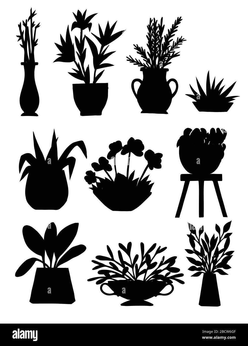 Black silhouette home decorative and outdoor garden plants in pots set plants flat vector illustration isolated on white background Stock Vector