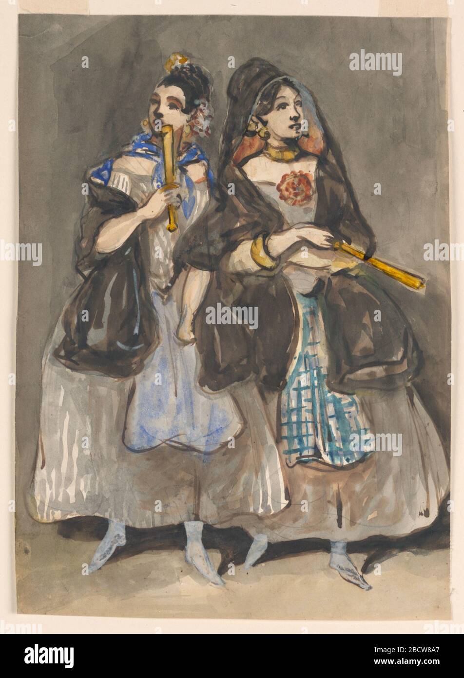 Two Spanish Women Promenading. Research in ProgressVertical rectangle. Two Spanish women promenading, both wearing gray skirts, blue aprons, black scarves, gold jewelry and holding fans with gold-colored sticks. Woman on left wears bright blue scarf and apron; woman on right wears a plaid apron. Two Spanish Women Promenading Stock Photo