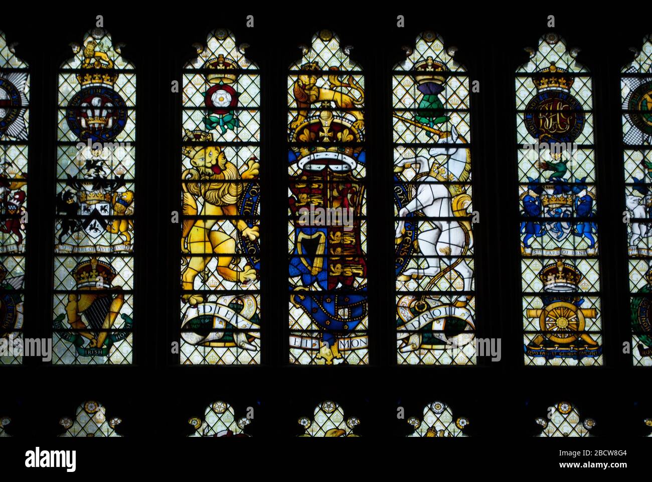 Stained Glass Windows at Westminster Hall, Palace of Westminster, London SW1 Stock Photo
