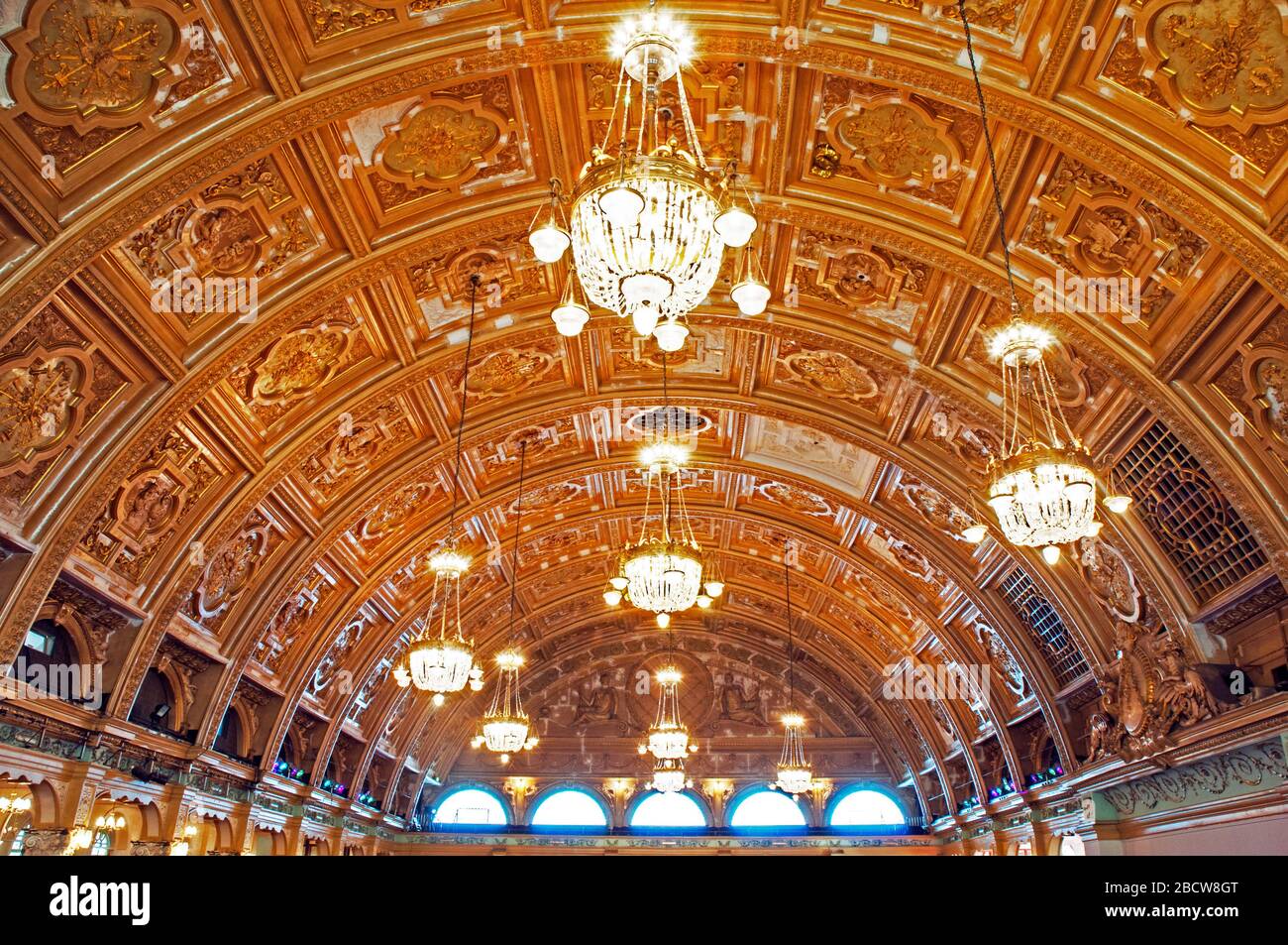 Panels & chandeliers in the top  of the Winter Gardens Empress Ballroom Blackpool Lancashire UK The world renown Blackpool Dance Festival is held here Stock Photo