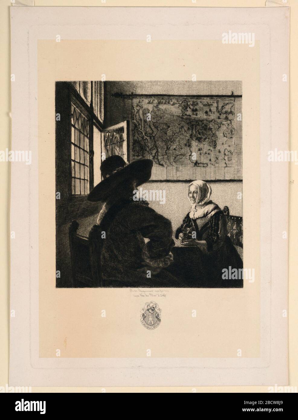 Couple at a Window. Research in ProgressA man, seated with his back to the spectator, converses with a seated woman, holding a wineglass on a table, near a window. A map hangs on the wall in the background. Couple at a Window Stock Photo