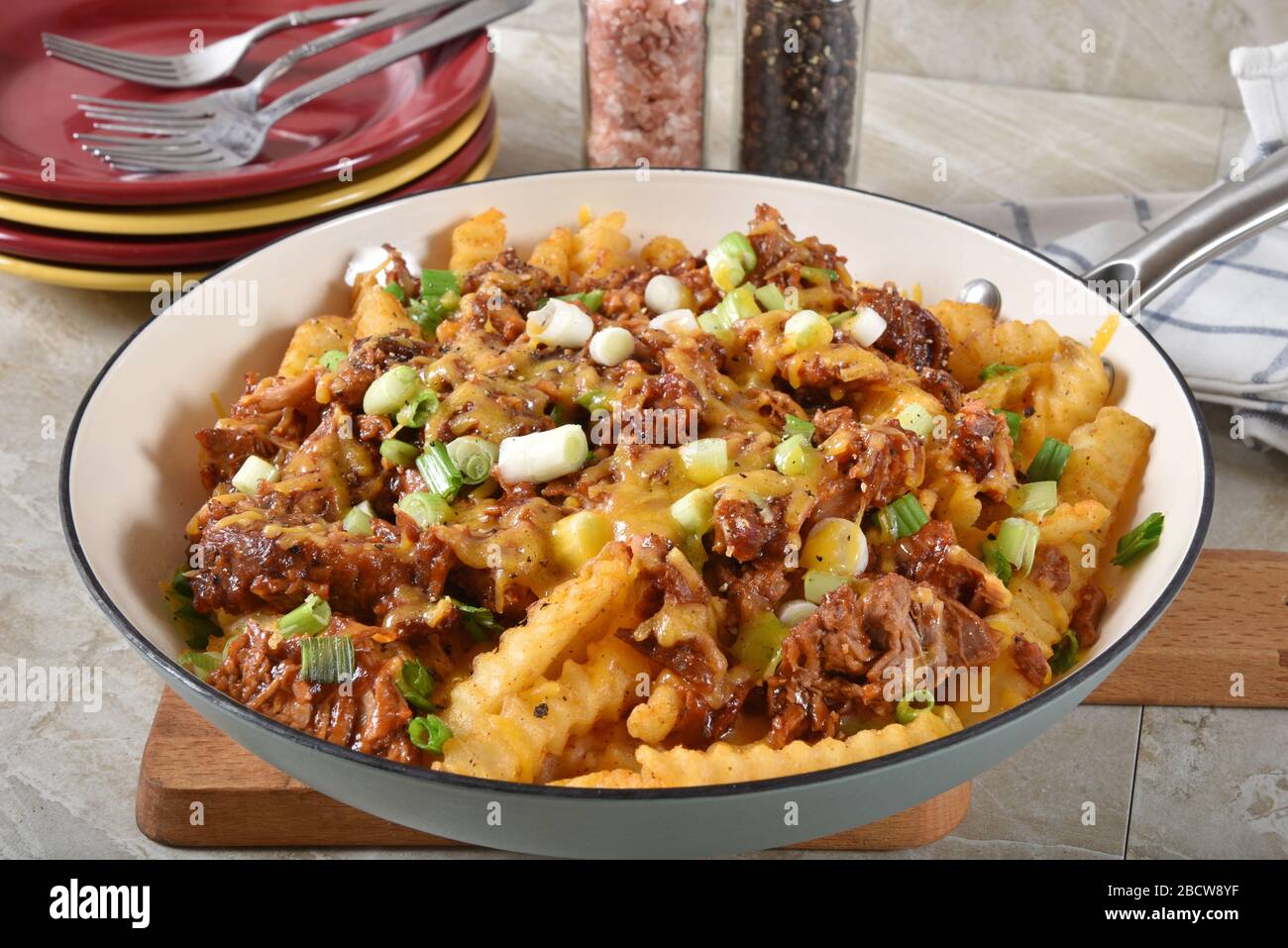 Loaded french fries in a cast iron skillet with barbecue pulled pork, melted cheddar cheese and green onion Stock Photo