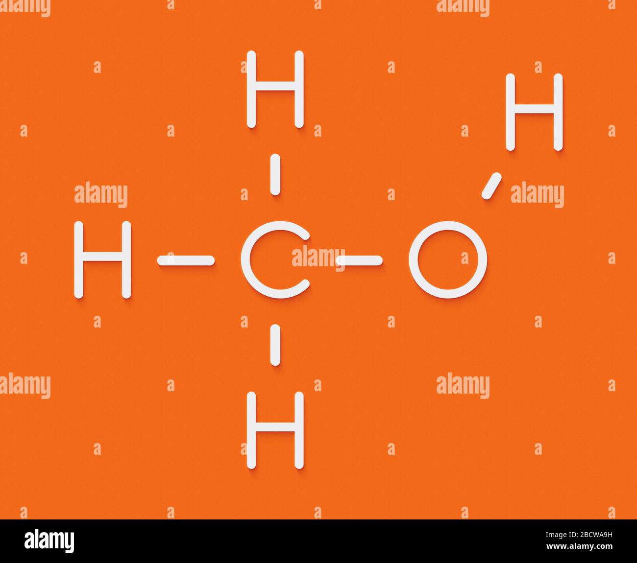 Methanol (methyl alcohol, MeOH) molecule. Highly toxic. Skeletal ...
