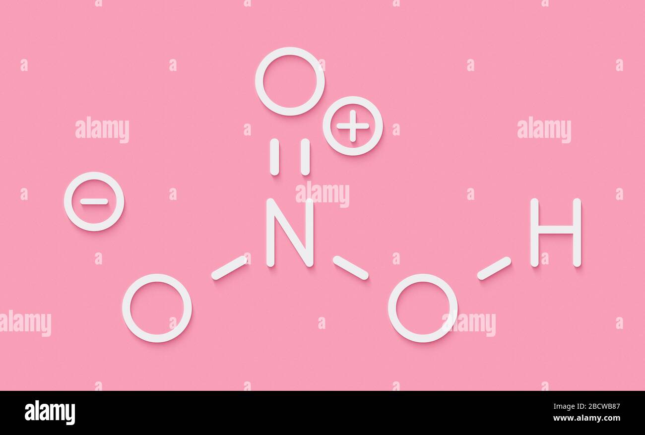 Nitric acid (HNO3) strong mineral acid molecule. Used in production of
