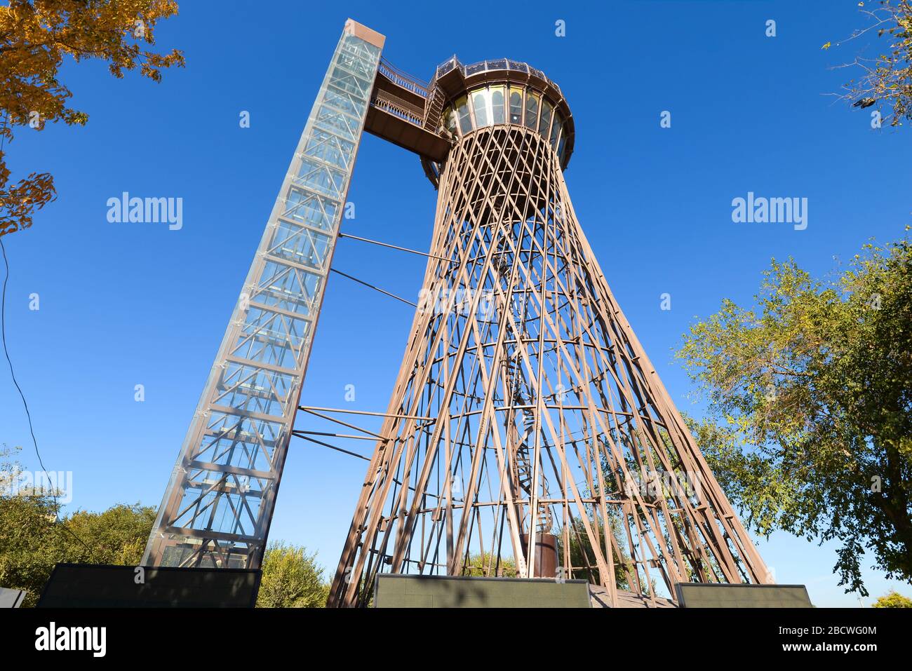 Shukhov Tower in Bukhara, Uzbekistan. Constructivist architecture from the Soviet Union times. Access to the top by the modern lift for tourists. Stock Photo