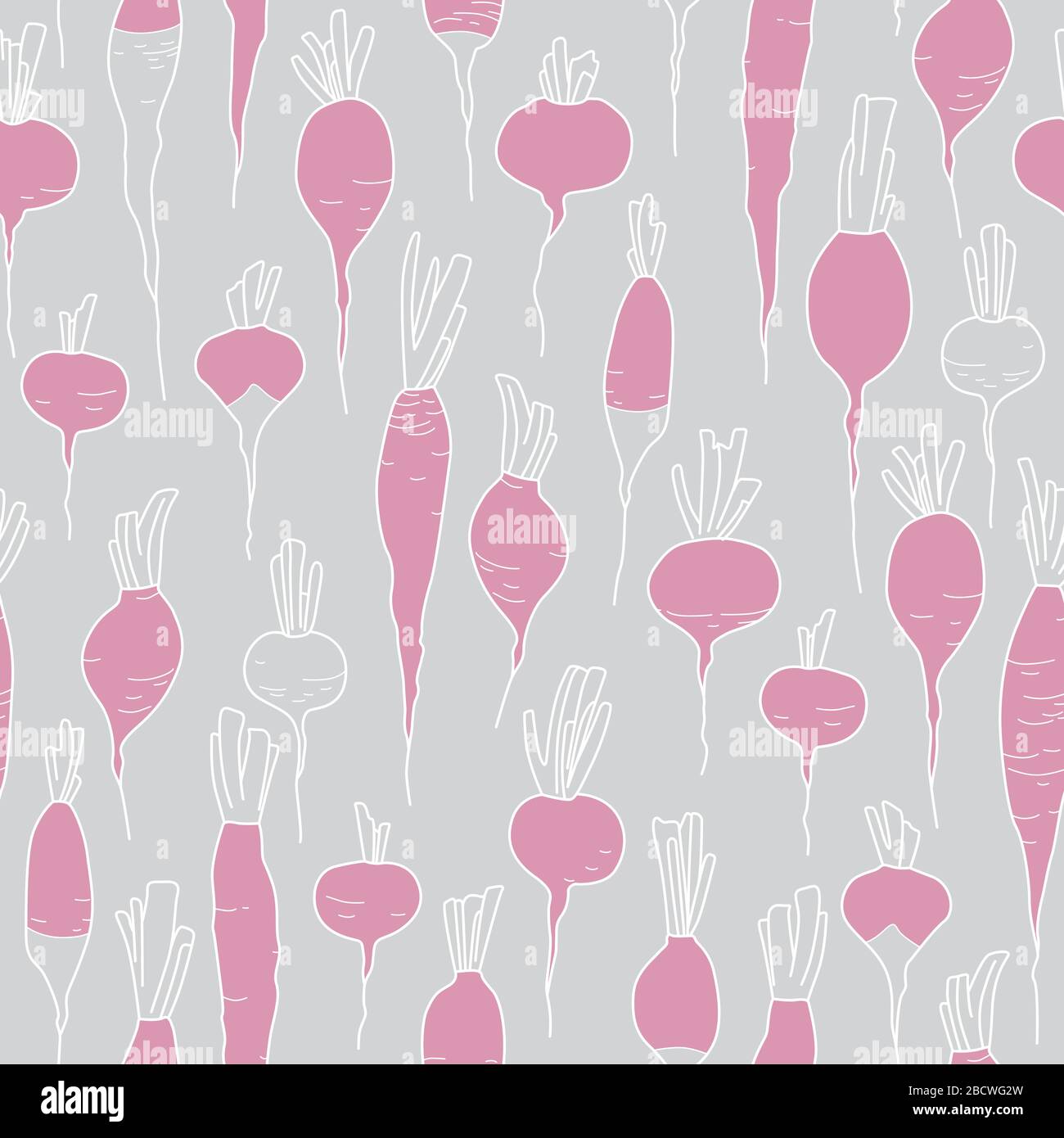 Pink and White Radish Drawing Seamless Pattern on Grey Background. Harvesting Season. Fresh Vegetables Stock Vector